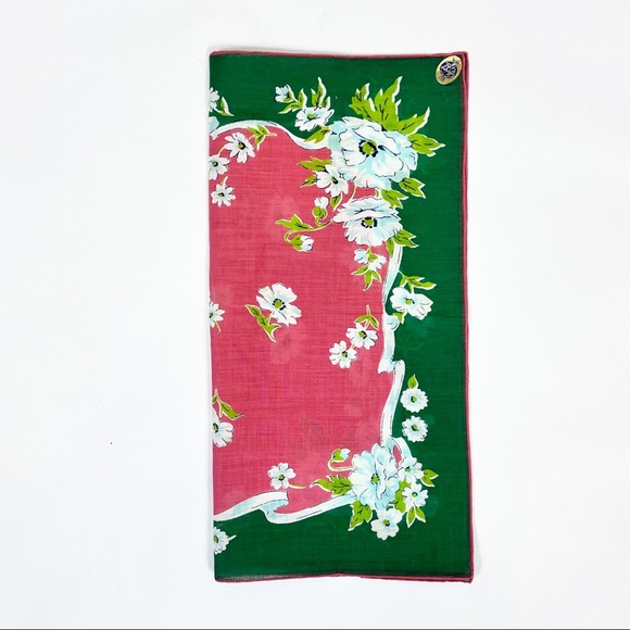 Glamour Girl Hand Rolled Green, peach, blue and white handkerchief Scarf VTG - Picture 4 of 5